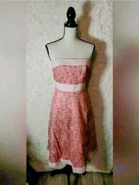 Molly New York Strapless Lined Cotton dress Green Pink Pattern Stripe Trim Size